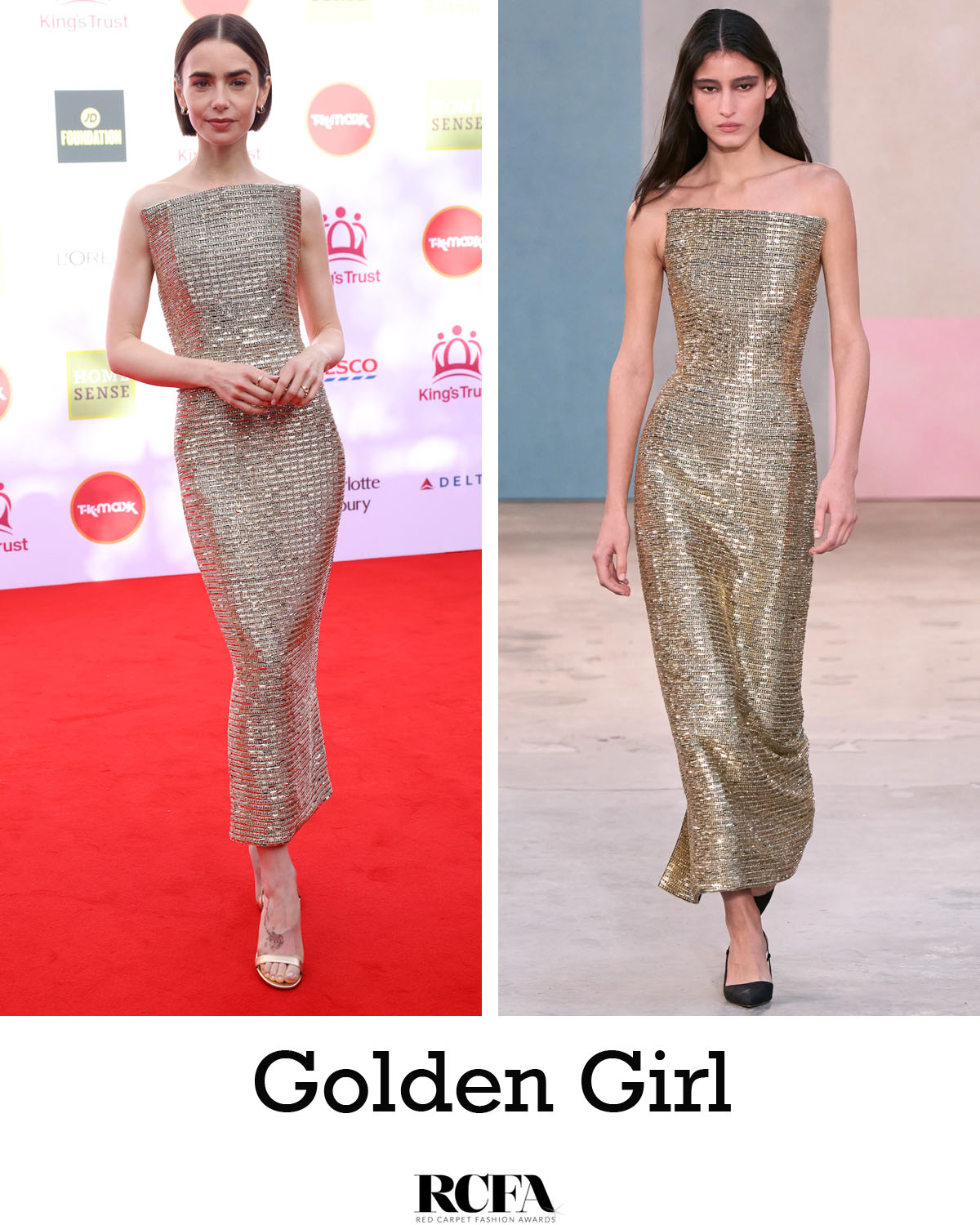 lily collins gold dress attended The King's Trust 50th Anniversary Celebration in London wearing Carolina Herrera by Wes Gordon, serving sleek liquid glamour in this shimmering column gown. The clean neckline and sculpted beach wedding dress