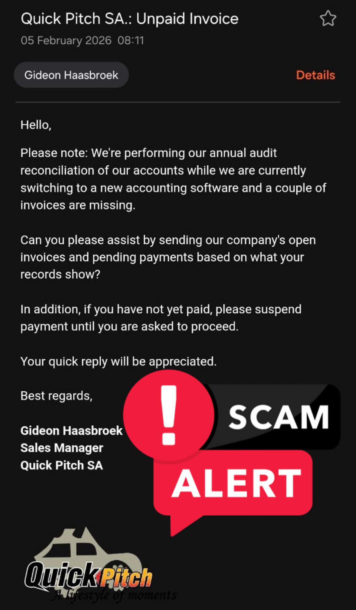 Quick Pitch SA - 🚨 Scam alert – please read! We’re aware... | Facebook
