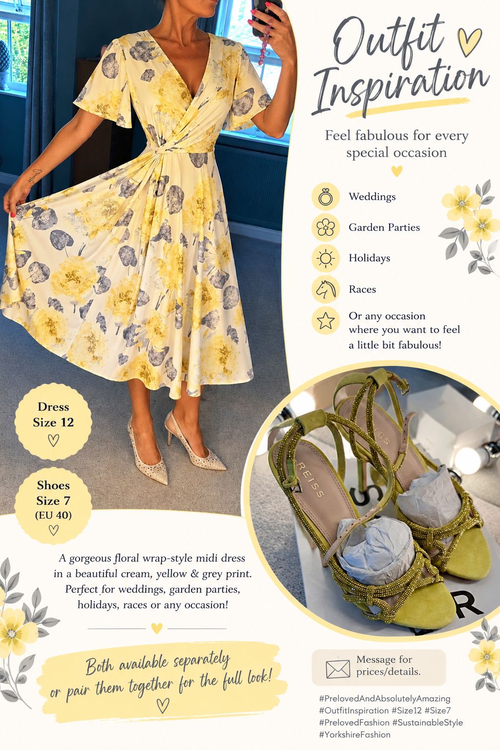 grey dress with yellow shoes ✨ OUTFIT INSPIRATION ✨ 💛 Gorgeous floral wrap-style midi 🌼 Beautiful cream, & floral print 👗 Dress – Size 12 👠 – Size 7 / EU 40 A Web Collection: Silver Dresses