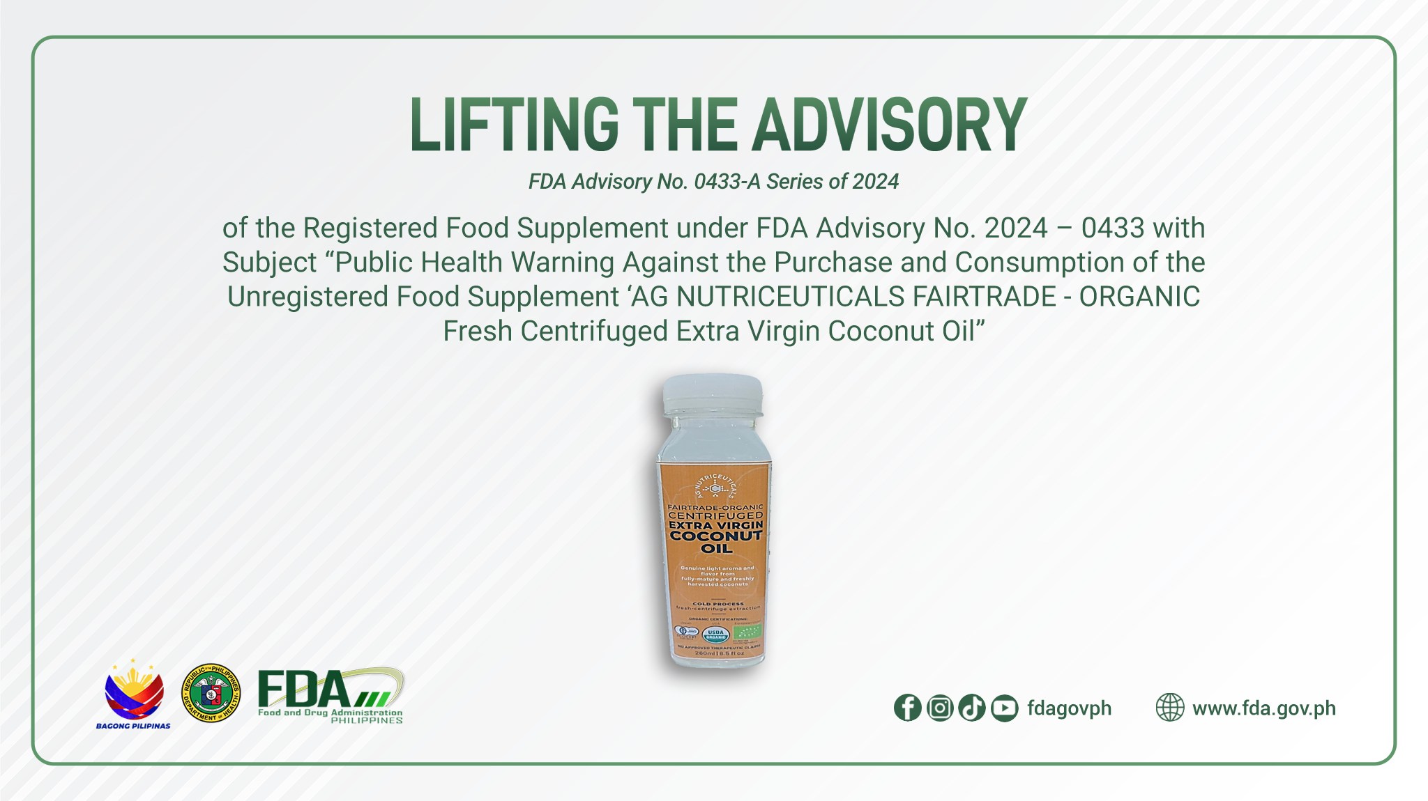list of glutathione approved by fda philippines 2024 Advisory No.2024-0433-A || Lifting the Advisory the Registered Food Supplement under FDA Advisory No. – 0433 with Subject “Public Health Warning Against the Purchase and Consumption of the Unregistered investigación Packaging:30 mL Frosted Amber Glass Bottle Best Skin Lightening Treatment