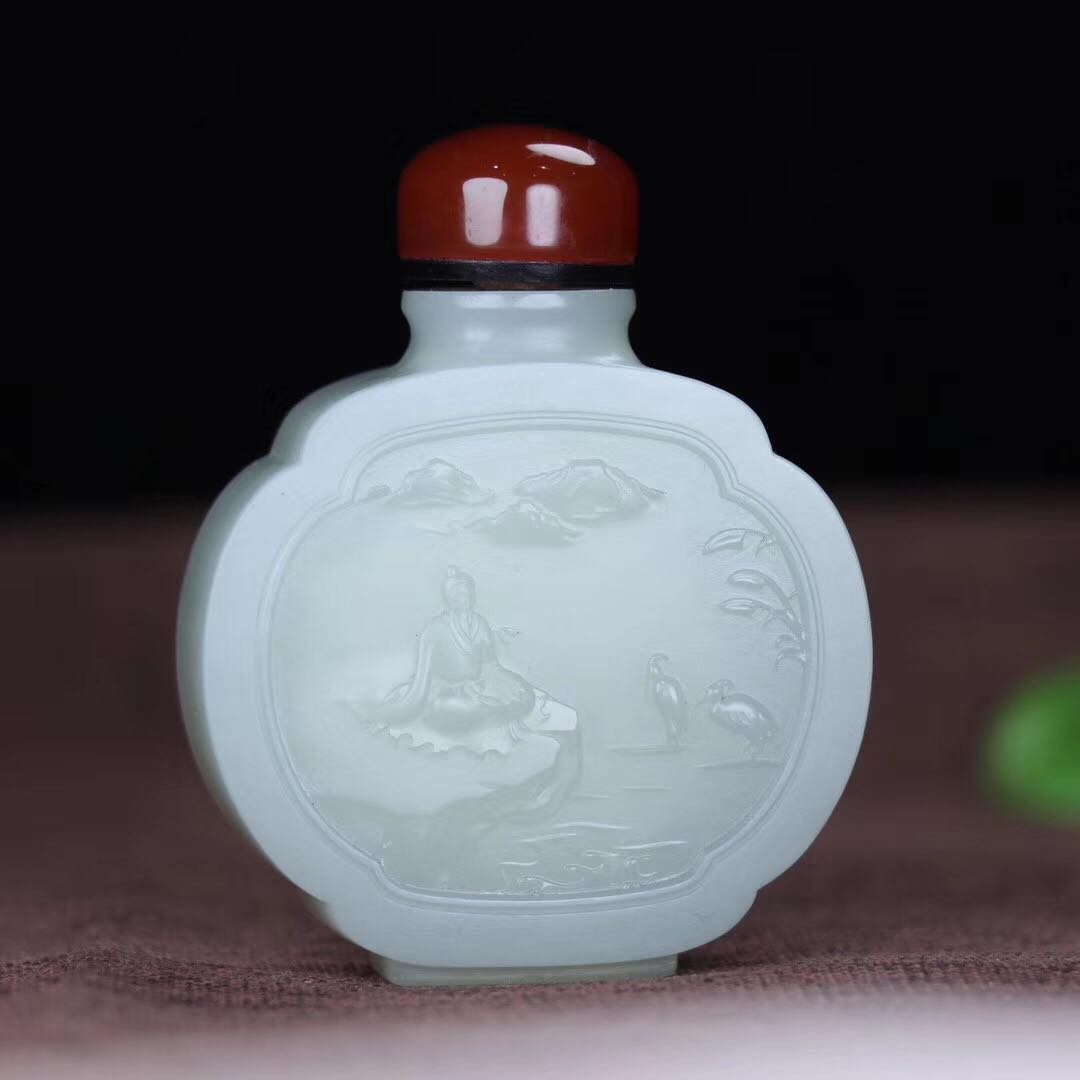 3000💰【鼻烟壶.仙人对弈】精品和田玉糖白玉鼻烟壶玉质温润细腻精工