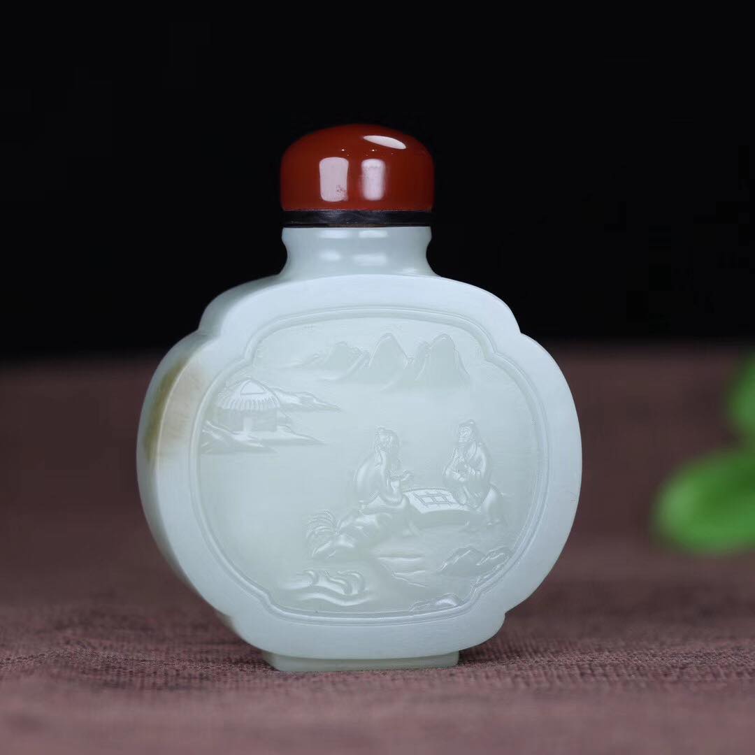 3000💰【鼻烟壶.仙人对弈】精品和田玉糖白玉鼻烟壶玉质温润细腻精工