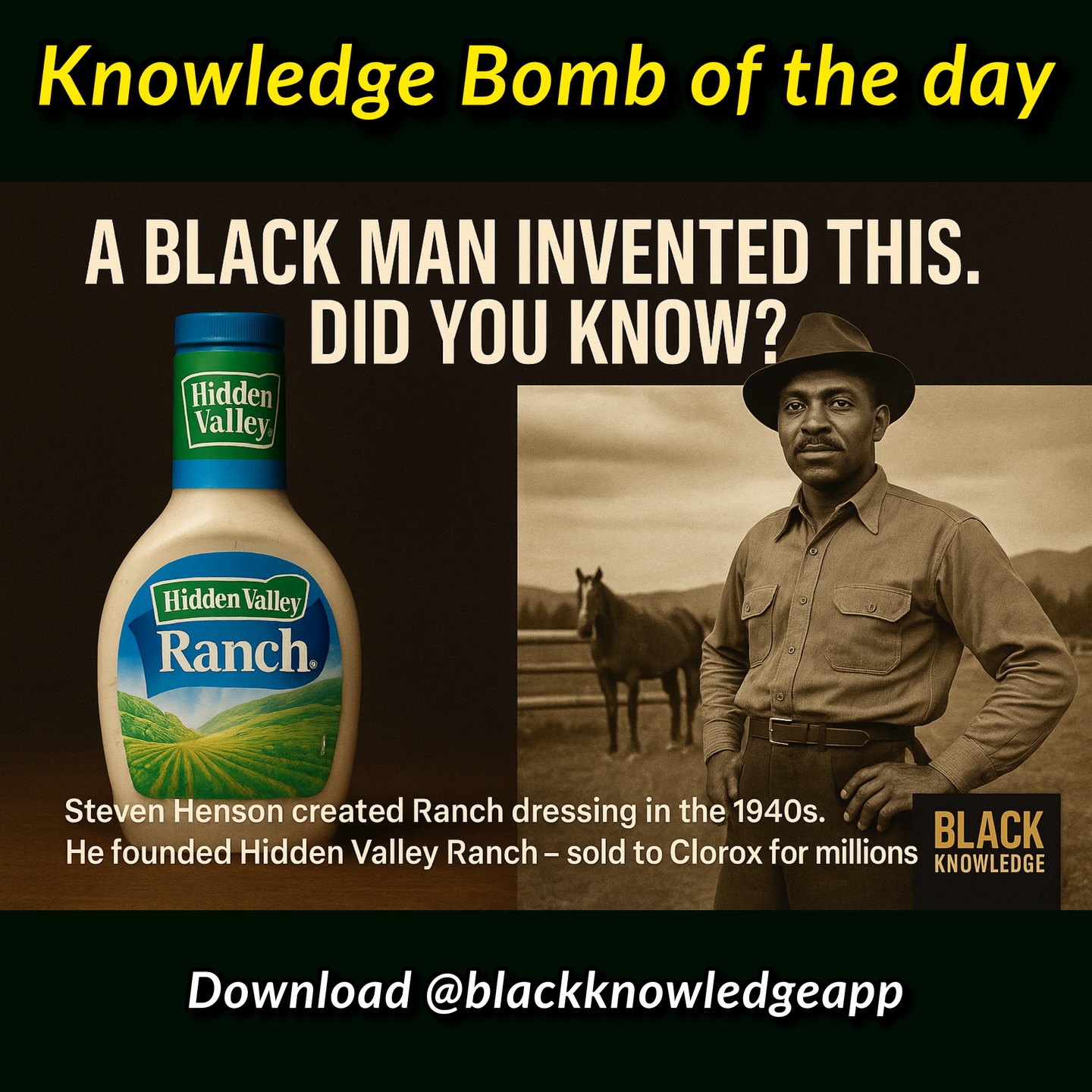 Did you know one of America's favorite condiments has Black history behind it? ✊🏾 Ranch dressing wasn't just something that showed up in every fridge but it was created by Steven Henson