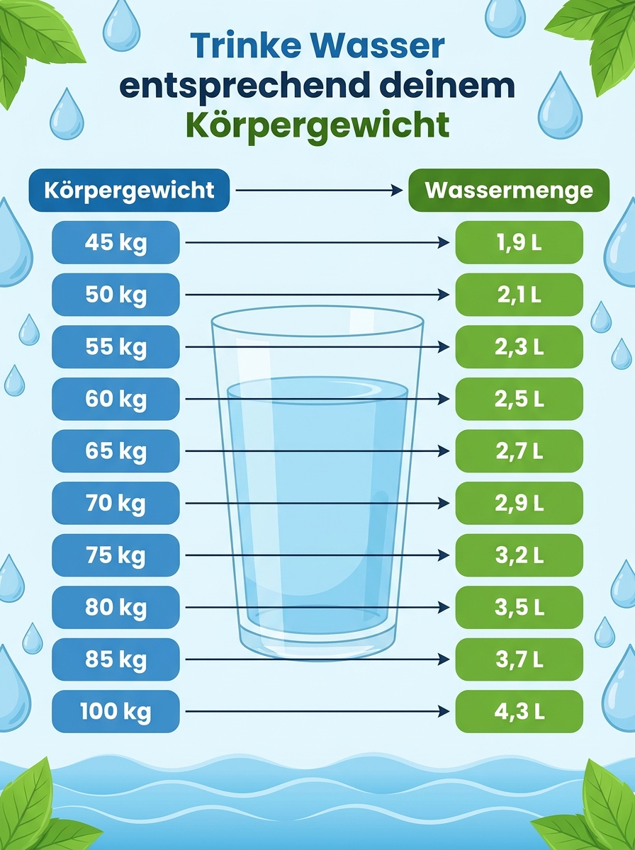Wasser richtig trinken für mehr Wohlbefinden Ausreichend Wasser zu trinken unterstützt viele wichtige Funktionen im Körper – von der Konzentration bis zur Verdauung. Der tägliche Flüssigkeitsbedarf kann je nach Körpergewicht, Aktivität und