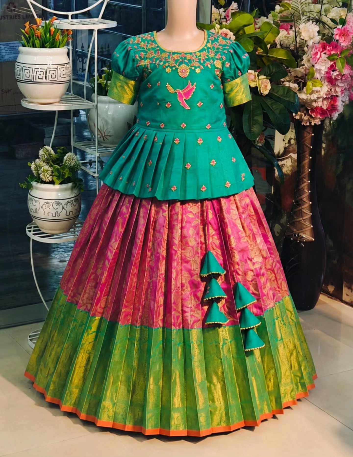 green and pink combination dresses A lively of green, pink, gold, orange, making it perfect for weddings traditional outfit. ✨🌸 #KidsLehenga #KidsEthnicWear #KidsFashion #PattuLehenga #SouthIndianFashion Customize yours on 9490668499 pool coverup