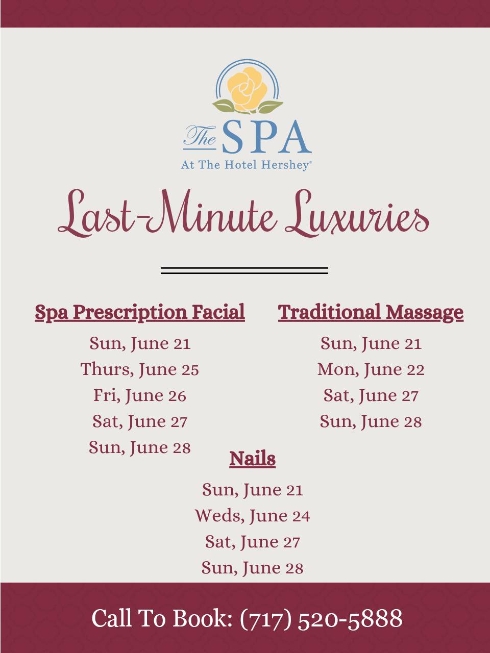 Last-Minute Luxuries are available next week✨ Preferred pricing is available for select treatments on the dates below. Call 717-520-5888 to make an appointment. Be the first to know about future Last-Minute Luxuries