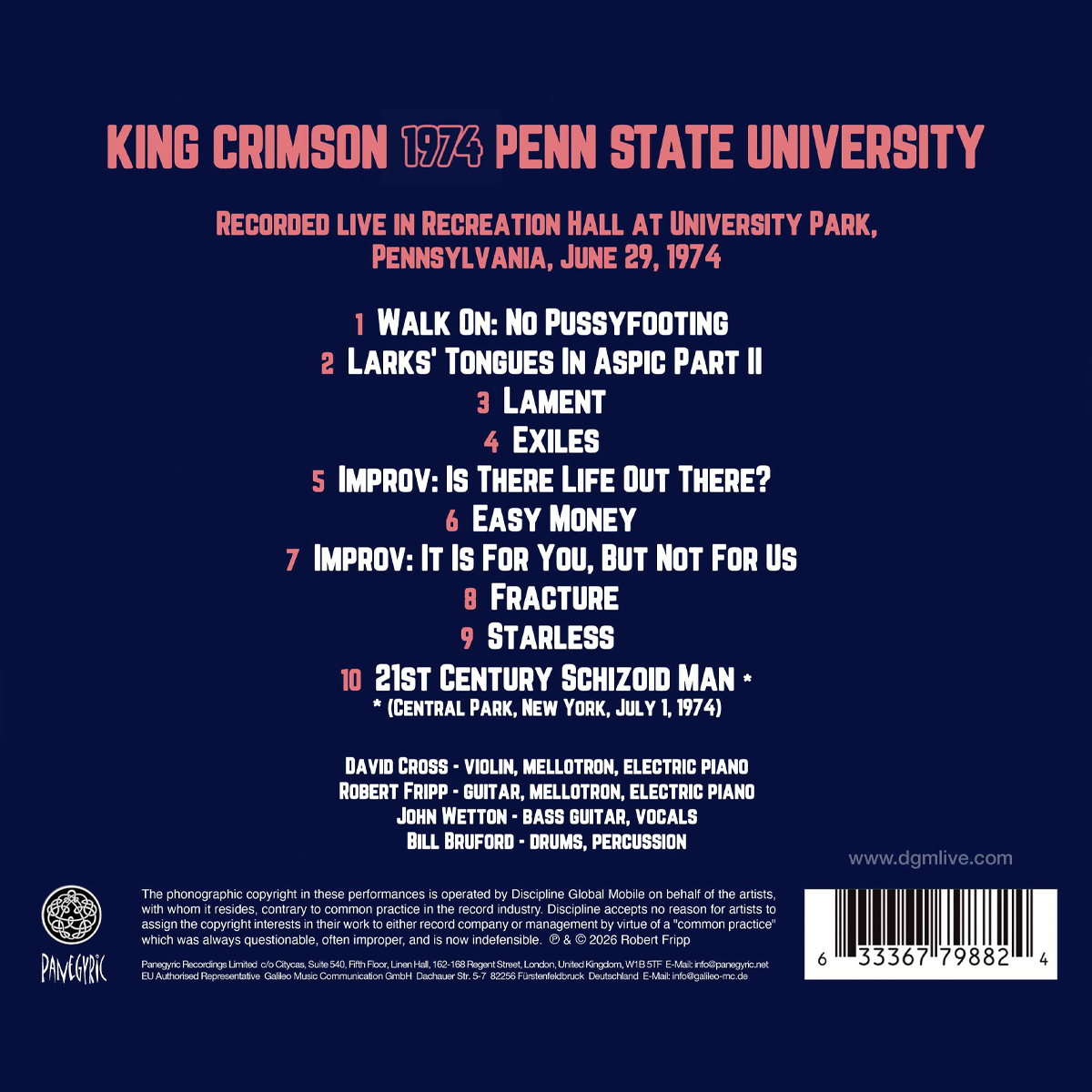 The live King Crimson multi-track recording from June 29th, 1974 