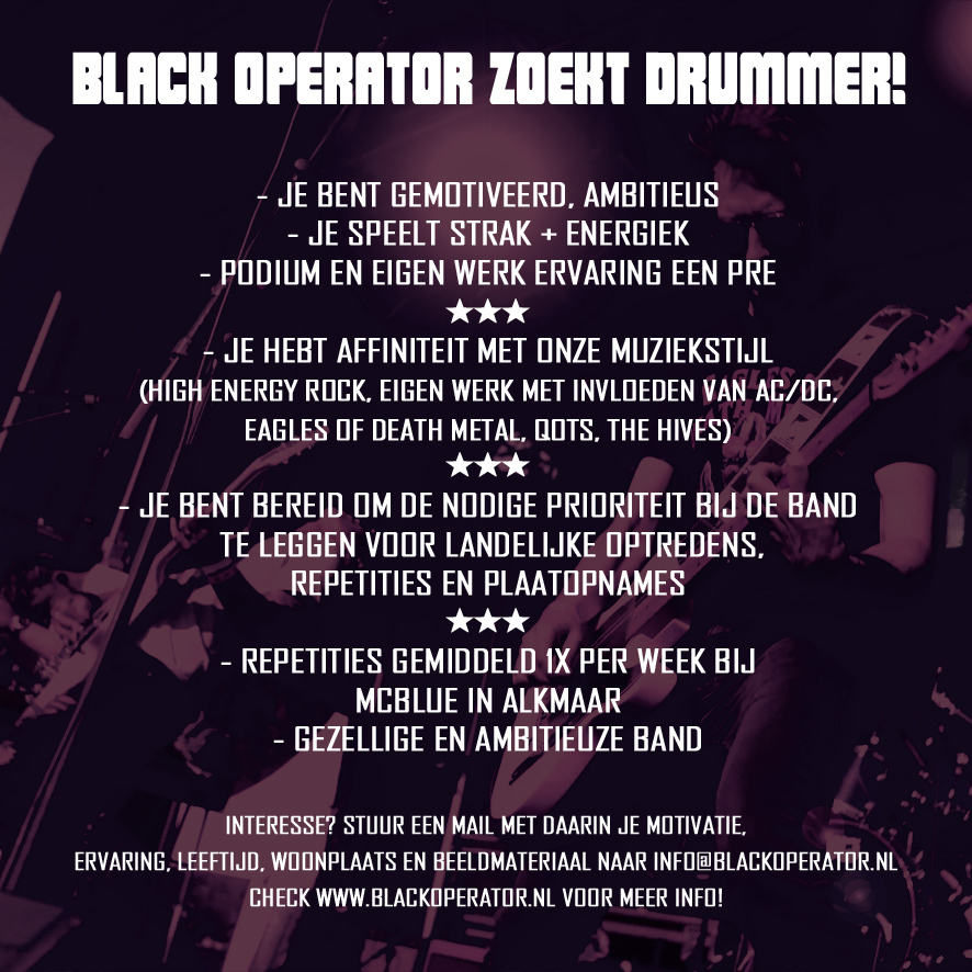 Black - DRUMMER GEZOCHT! Duke verhuist binnenkort voor zijn studie en ...