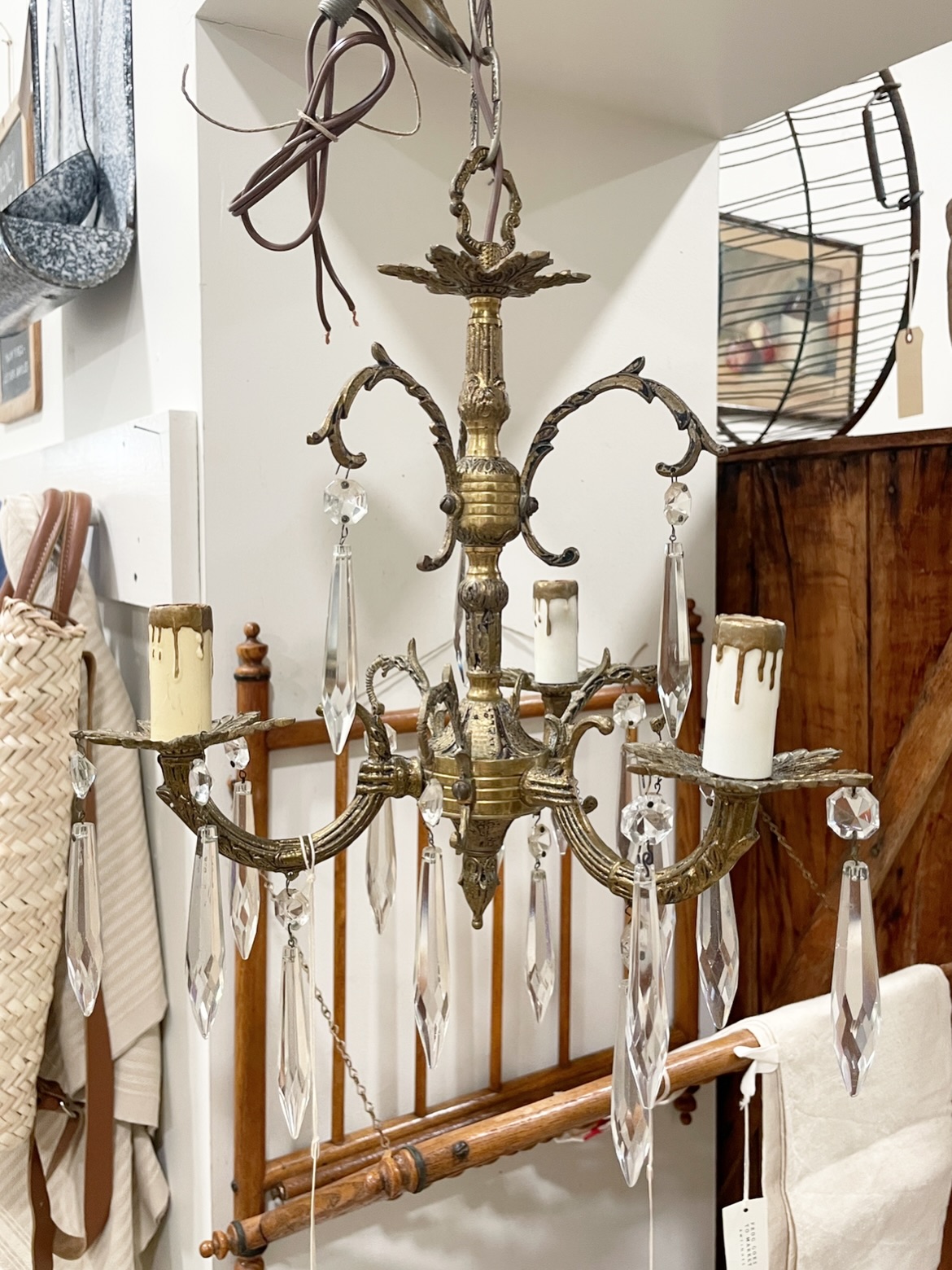 PETITE CHANDELIER SOLD — This petite 3-arm antique crystal + brass
