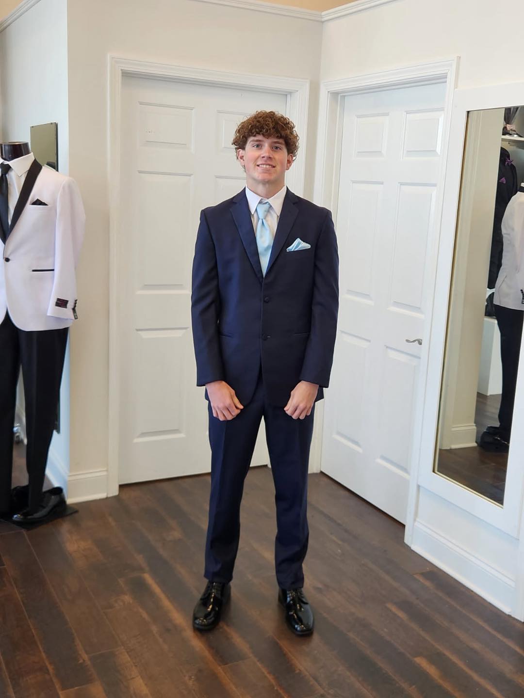 navy prom dress with grey tux This or That ✨ Help Foster choose his perfect look! Heather or a Ike Behar tuxedo light blue accents 💙 Cast your vote below ⬇️ danceaccessories