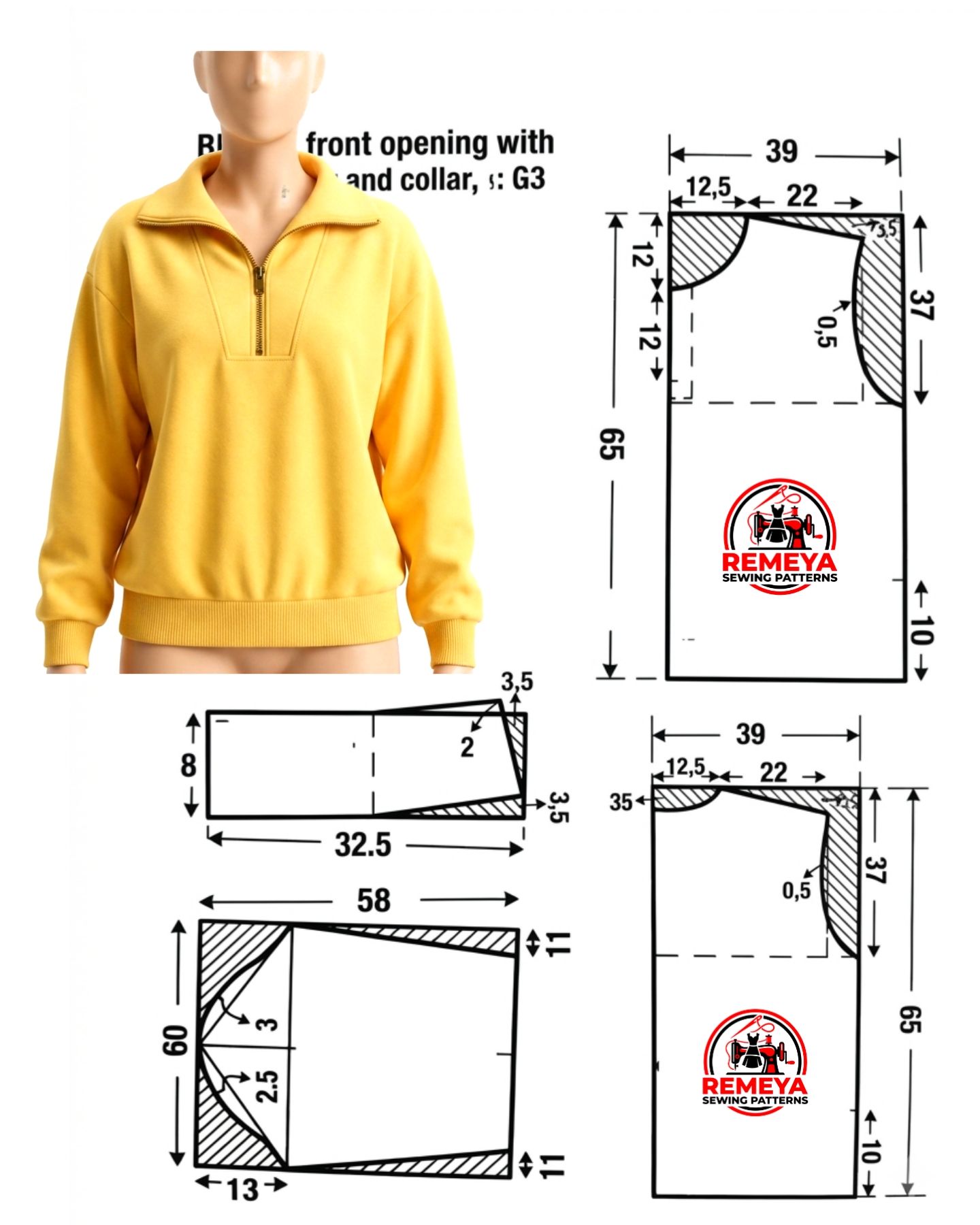 Remeya - Quarter-Zip Sweatshirt with Collar – Sewing Pattern Size 