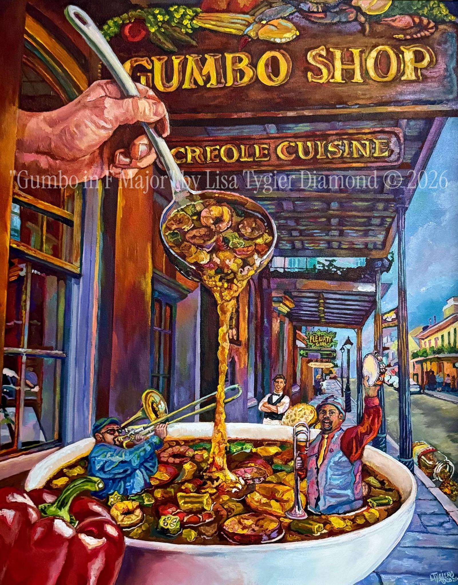 Vibrant 'Cooking with Jazz New Orleans' poster. Has a fun scene