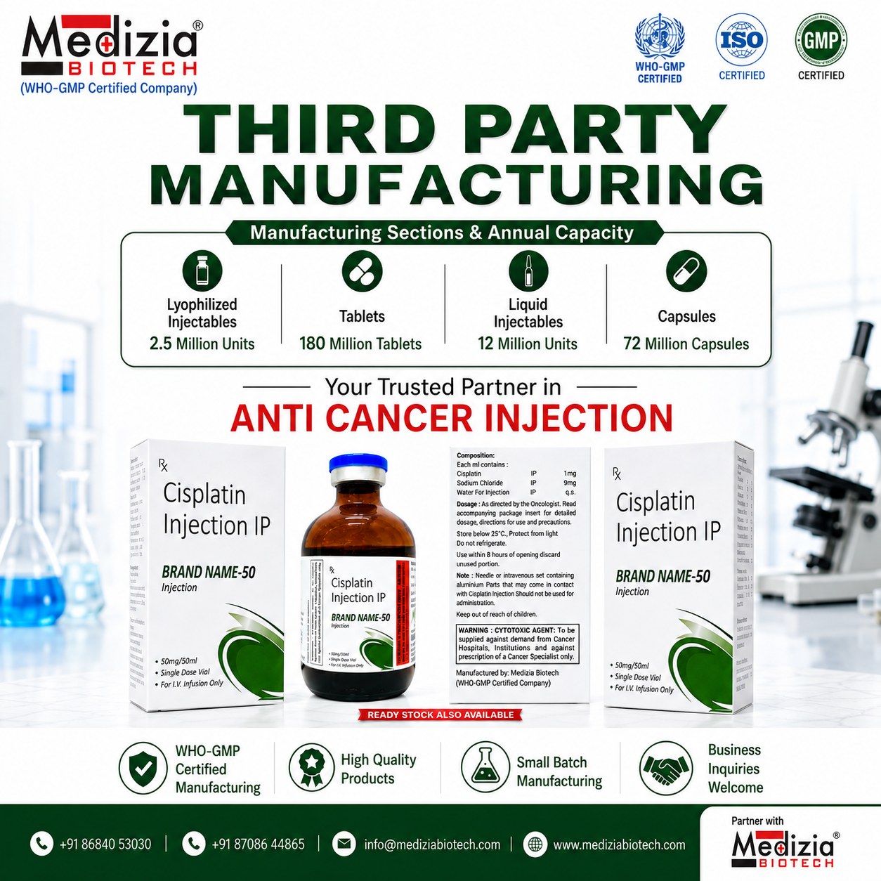 Cisplatin injection IP 50mg/50ml anti-cancer third party manufacturing