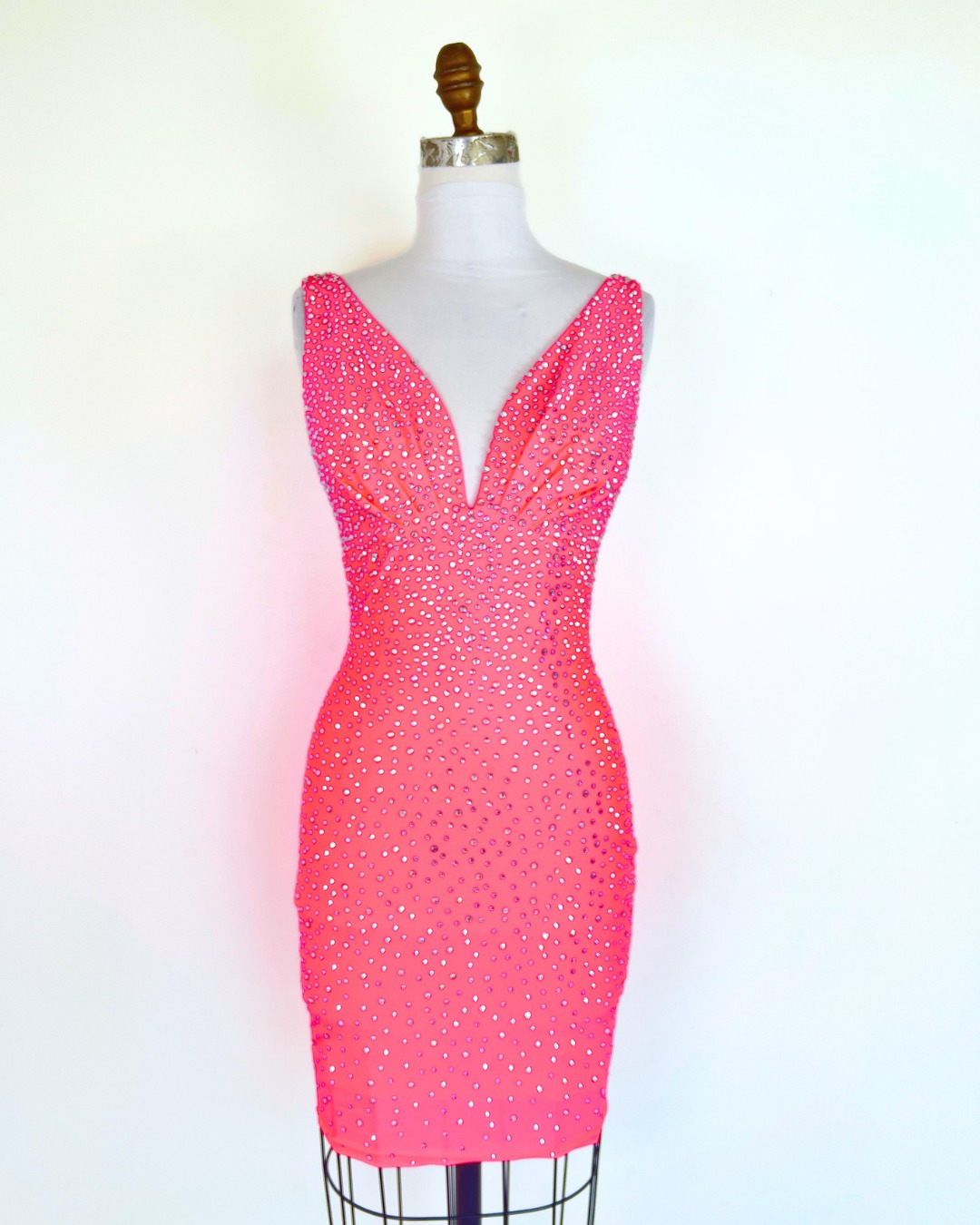 hot pink rhinestone dress Johnathan Kayne iridescent stone size 4 at Michelle's Consignment Boutique formal hot pink short dress