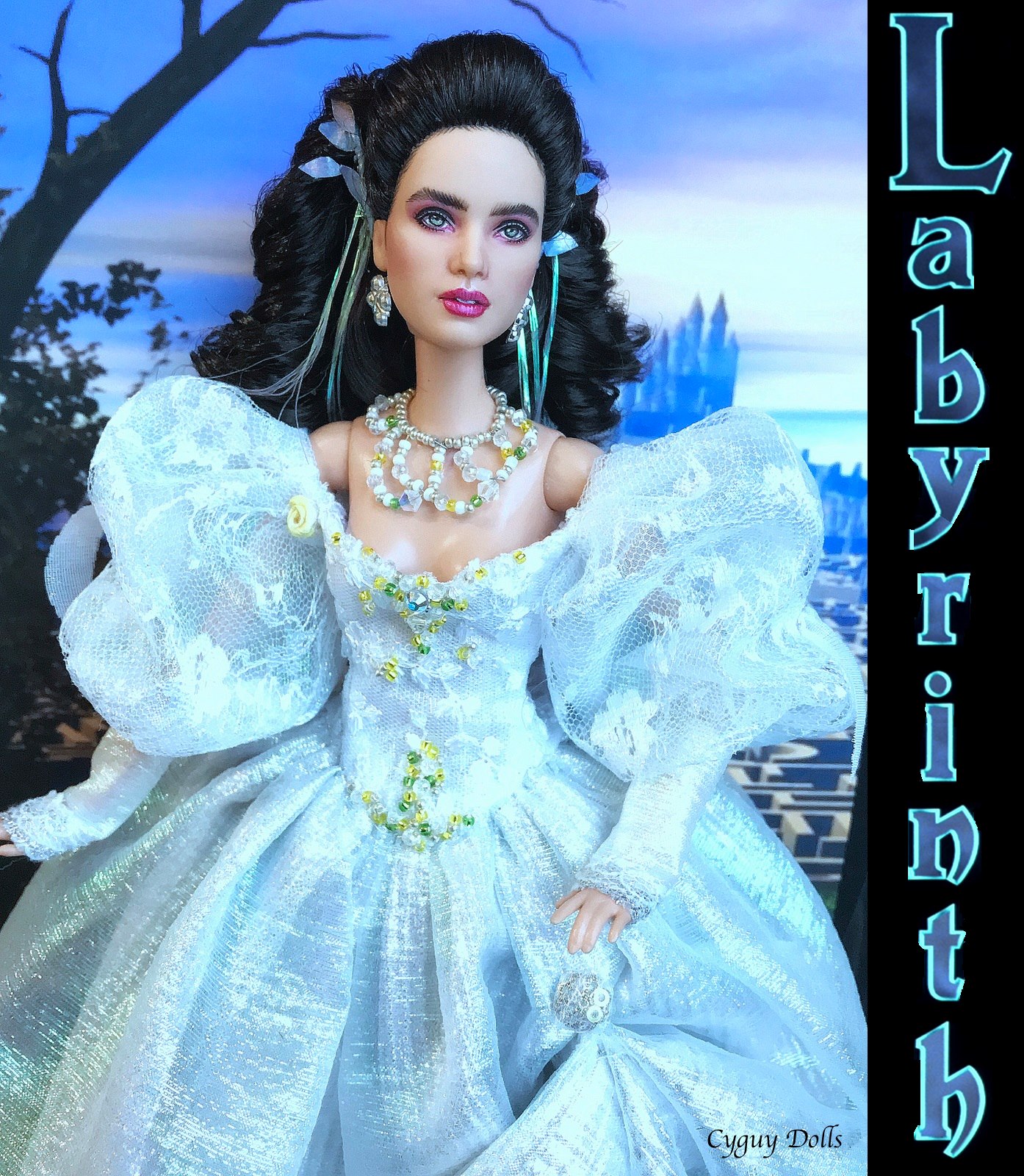 jennifer connelly blue dress as Sarah doll from Labyrinth Silk Satin Colors:Light Champagne 832