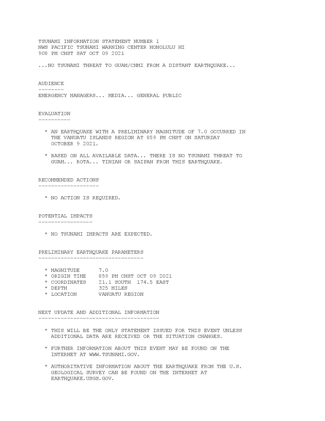 No tsunami threat to Guam from Vanuatu earthquake - Facebook