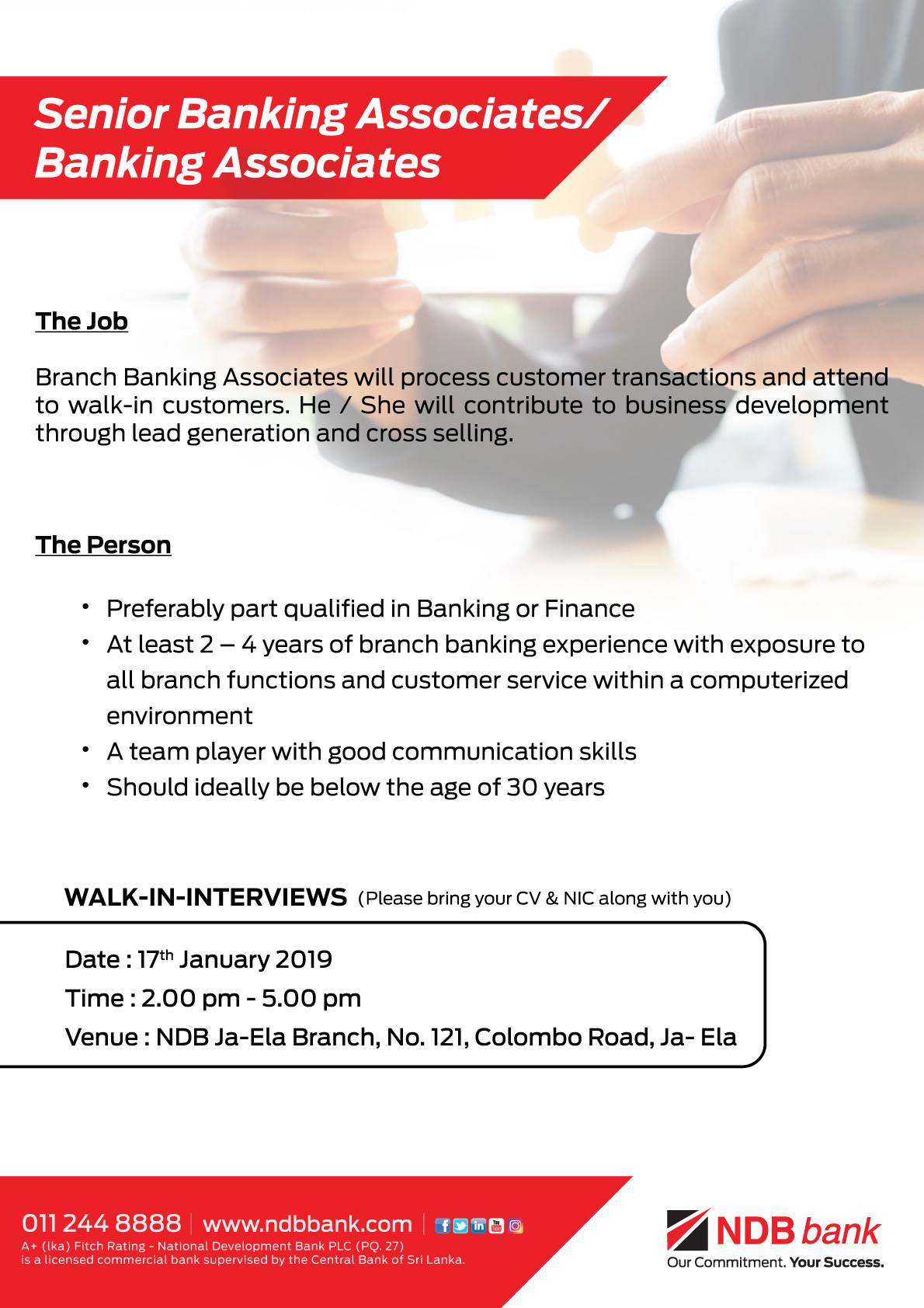 NDB Bank - Walk-In-Interviews at Ja-ela for Senior Banking Associates ...