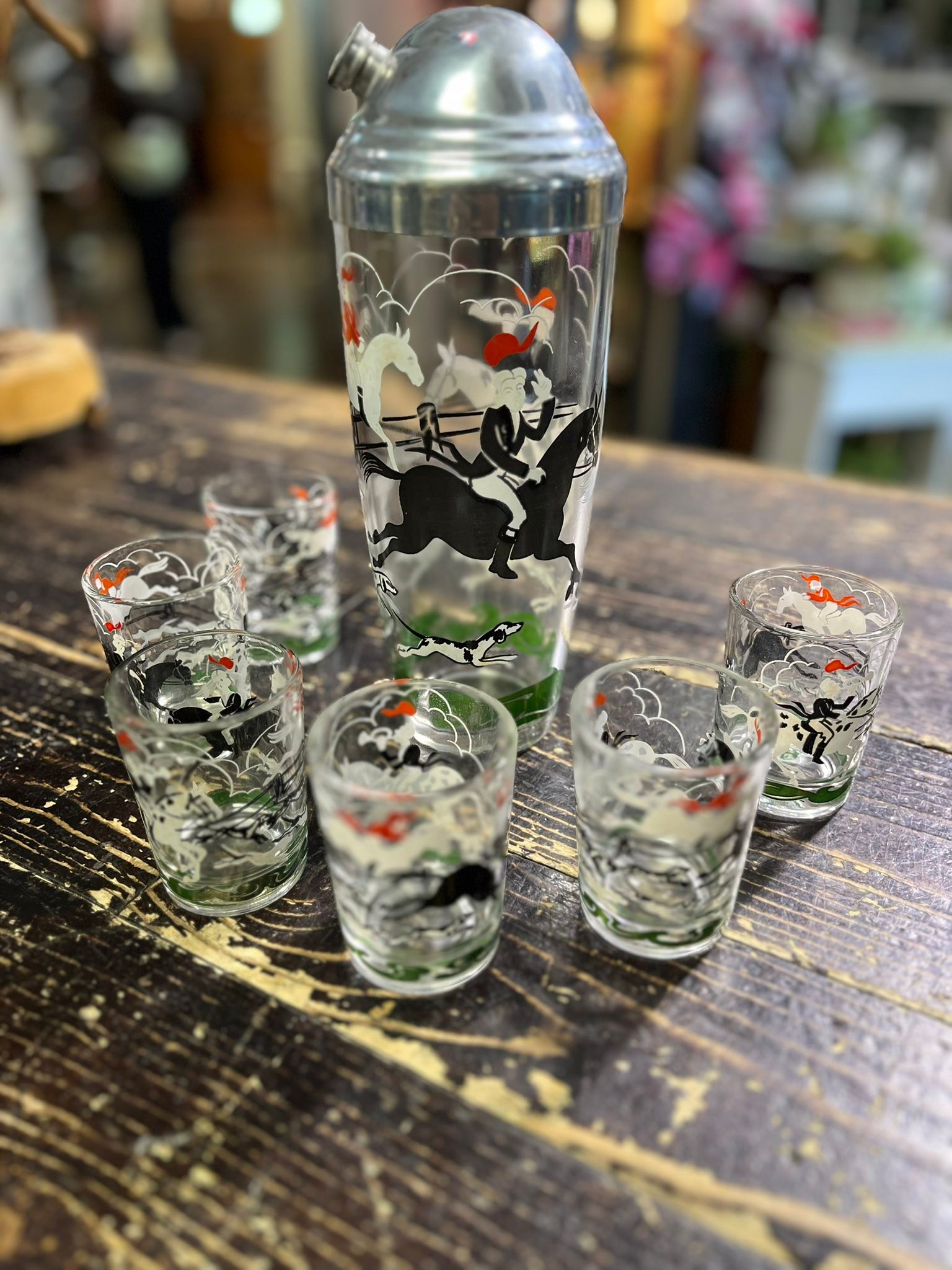 昭和レトロ！STAR CASE NY カクテル バトラー自動グラス運び機 Vintage Hazel Atlas Cocktail Set Fox Hunt Tally Ho With 6 glasses