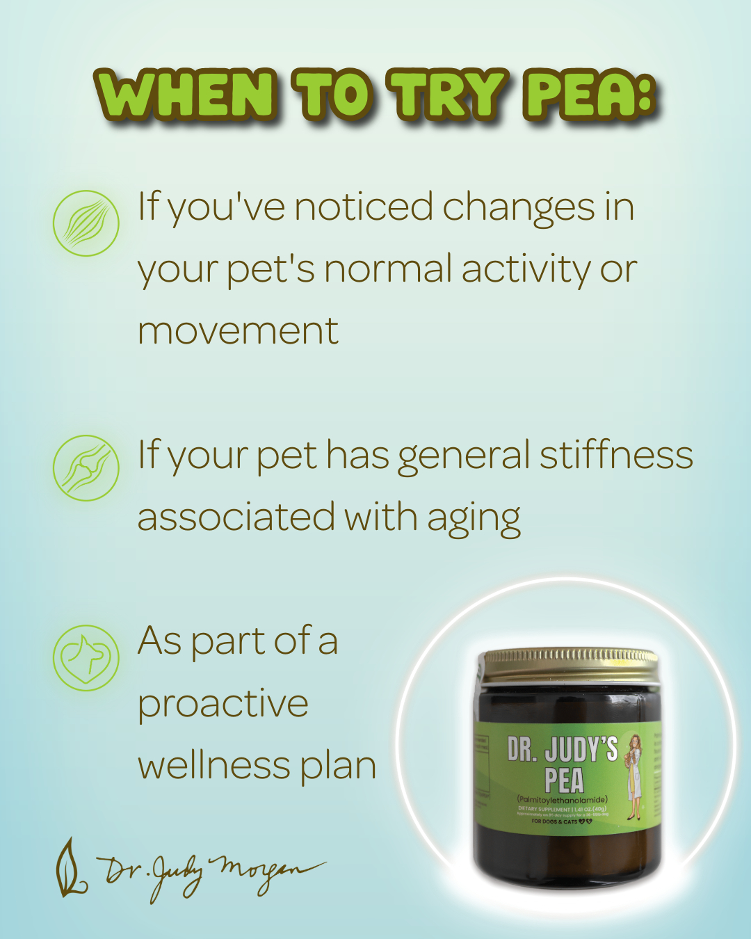 PEA can be used as part of a wellness routine to help support comfort, mobility, and overall quality of life—especially in active or aging pets. PEA supports the body's natural pathways involved