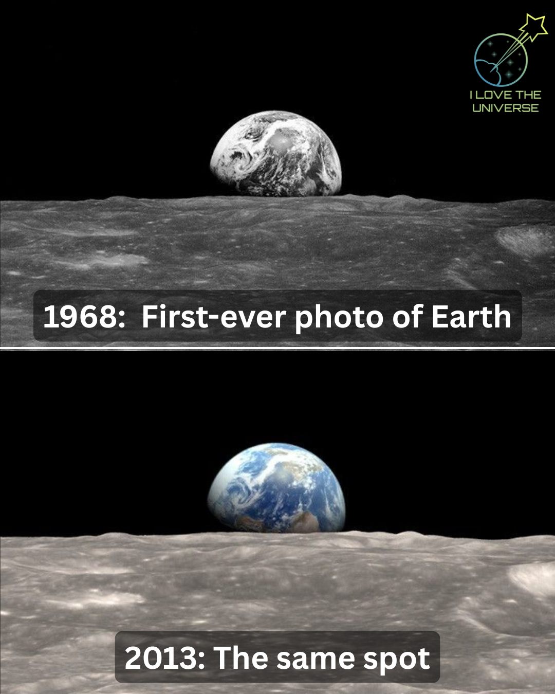 Two photos, 45 years apart, same exact spot on the Moon. On