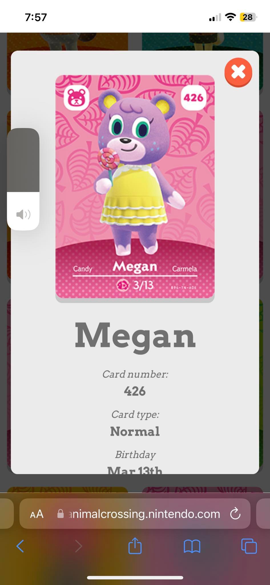 Carte amiibo Animal Crossing 426 Megan Candy Carmela série 5 EU New