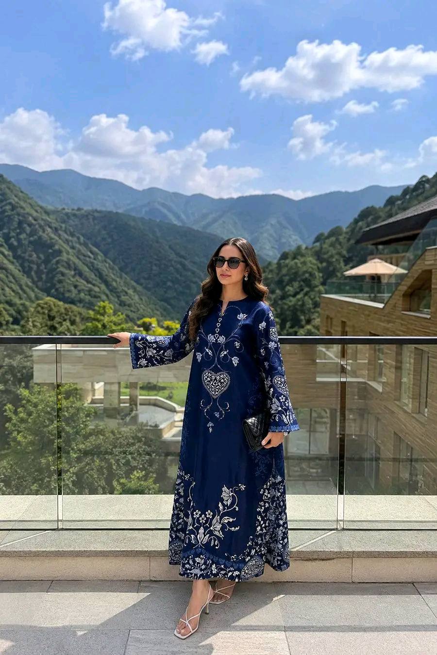 navy blue color pakistani dresses Asma Fashion's long A-line kaftan Size:Regular 12 (L) featuring traditional designs and Gender_Womens Black Onyx Dupe Crochet