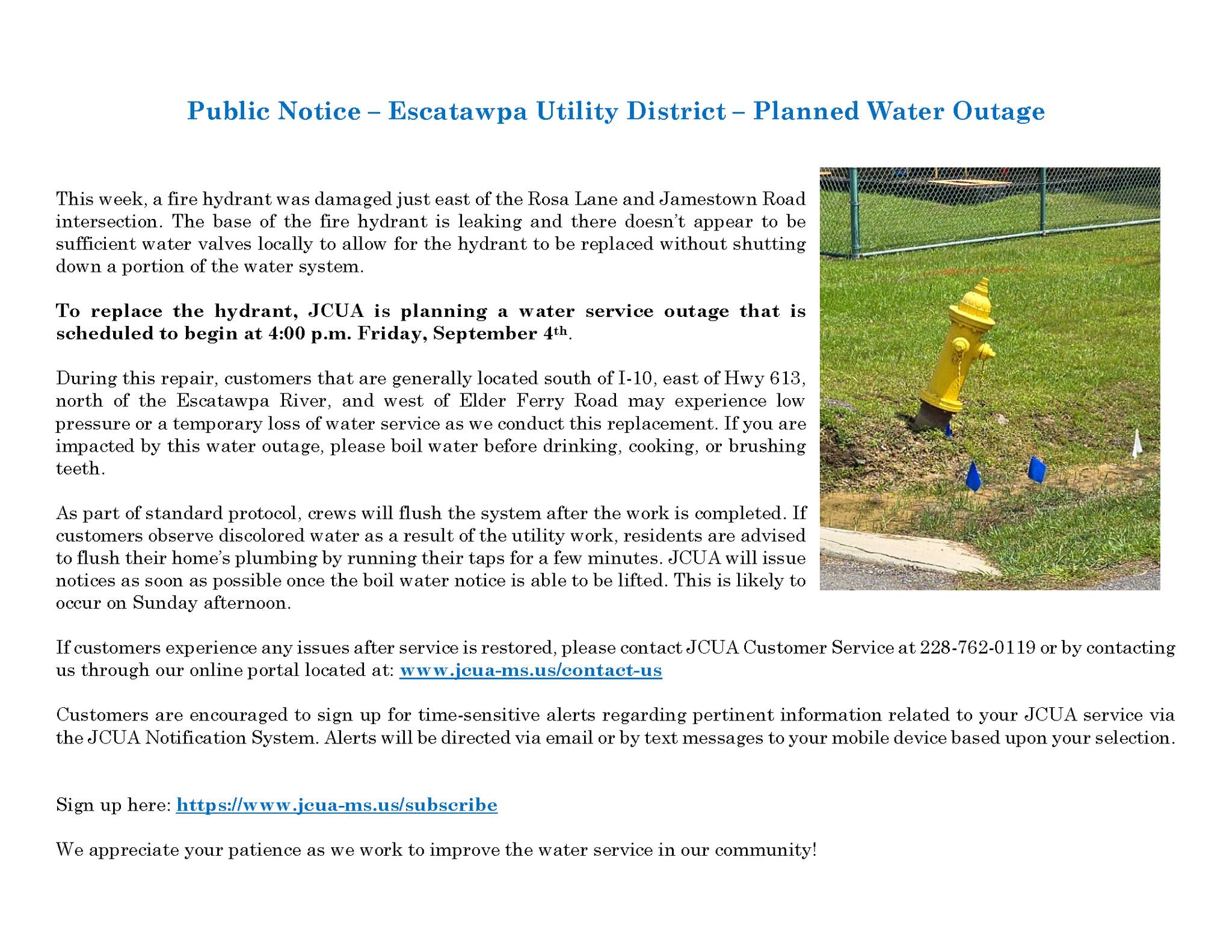 Boil water notice for Jamestown Road and Rosa Lane area in Escatawpa until further notice