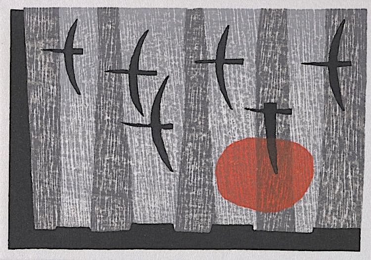 Morning Moon', a 1965 woodblock print; ink and colour on paper, by