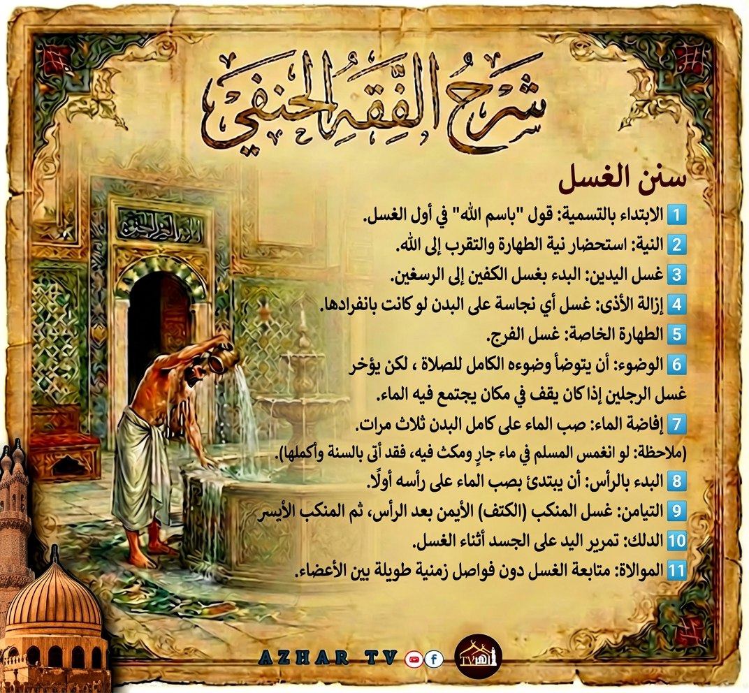 Azhar - سنن الغسل يسن في الاغتسال : 1️⃣ الابتداء بالتسمية: قول 