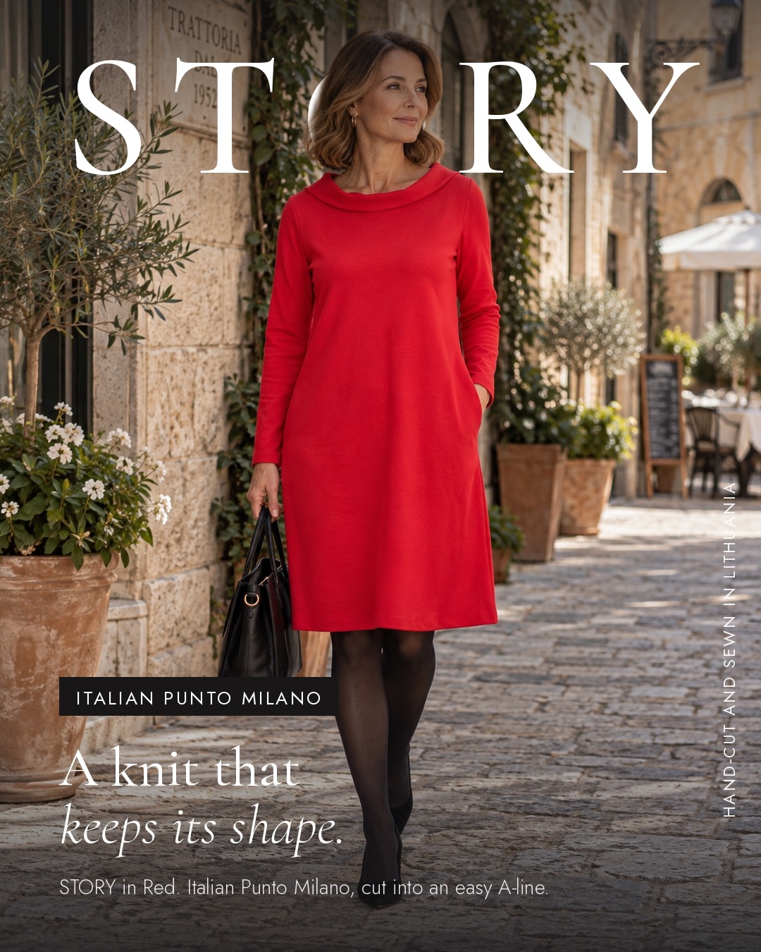 italian knit dresses STORY in Red. The version. A jersey dress usually means giving up on shape. This one is cut from a dense Punto Milano double-knit: it skims the body, springs back Long sleeve