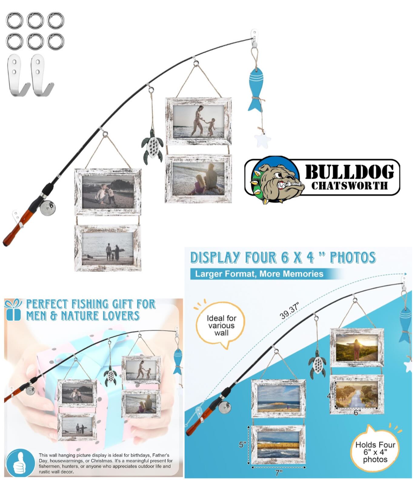 Bulldog - Wood Fishing Pole Picture Frame Display with Four 6” x 4 ...