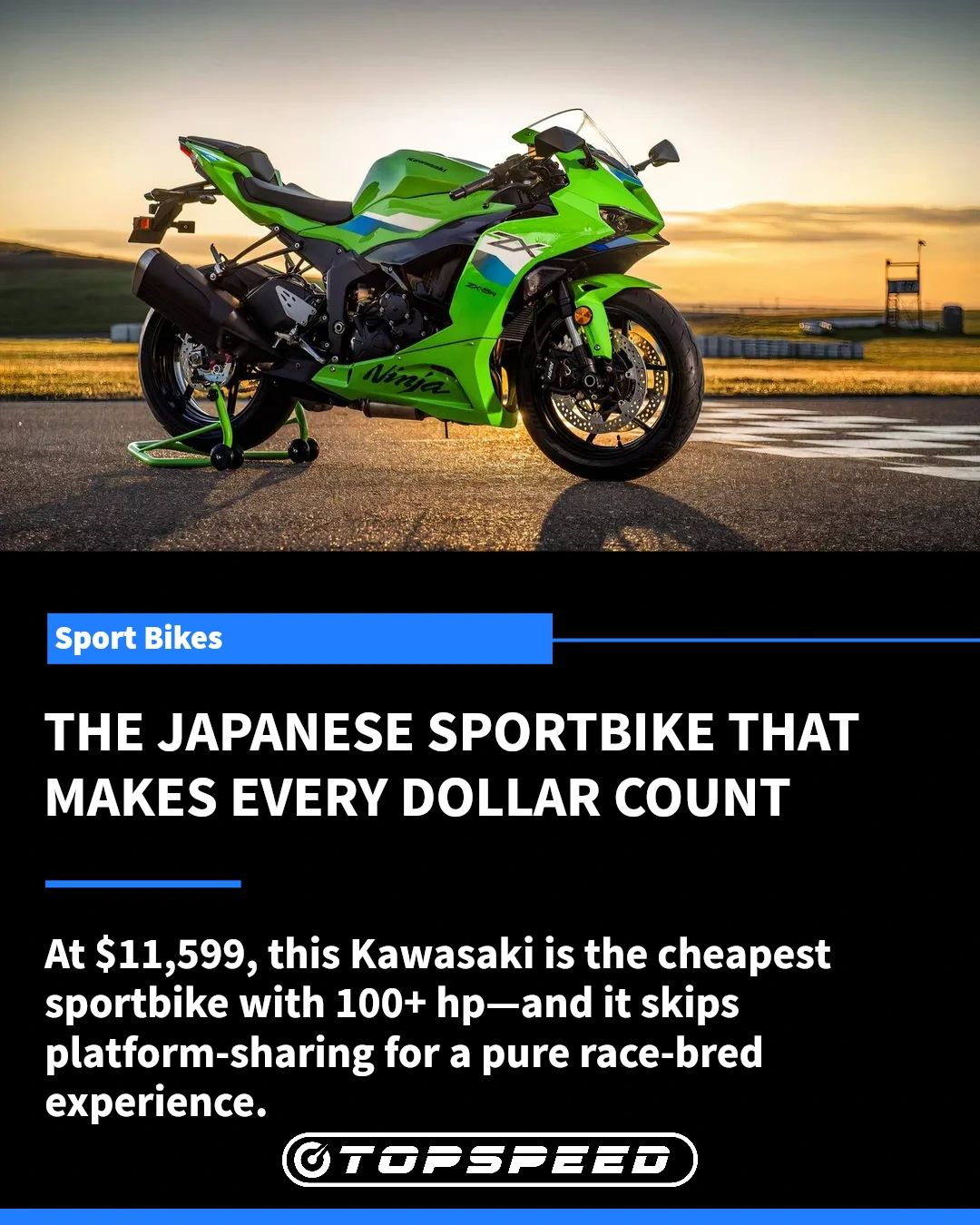 At $11,599, this Kawasaki is the cheapest sportbike with 100+ hp
