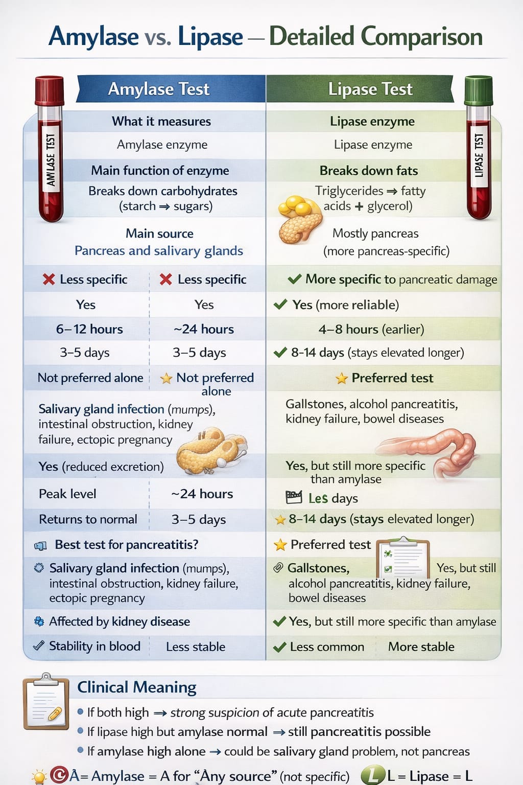 Pancreatic inflammation marker test Amylase Amylase Test Comparison What Lipase Test Amylase enzyme Lipase enzyme enzyme Lipase down (starch Breaks sugars) Main source Pancreas and salivary glands fatty glycerol) Mostly pancreas (more