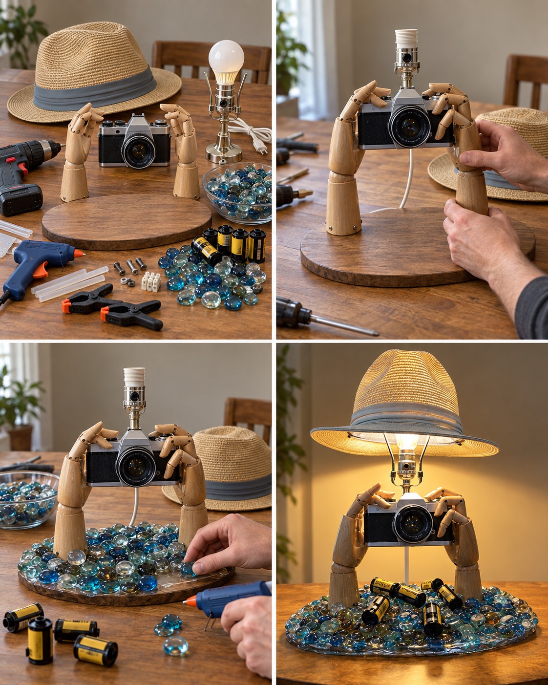 DIY-Idee: Man nehme eine alte Kamera, kleine Glassteine, Deko-Holz-Hände, Filmrollen, einen Strohhut und fertig ist die originelle Lampe. 💡💡💡