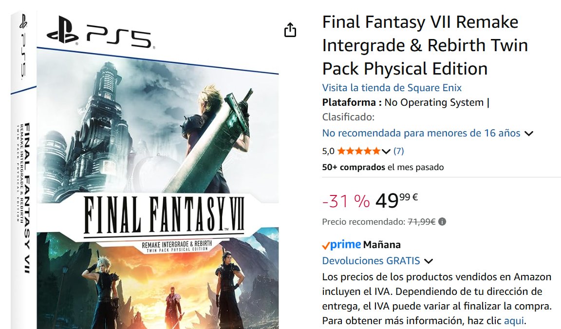 Ofertas de #PS5 en Amazon. Final Fantasy 7: Twin Pack (49'99