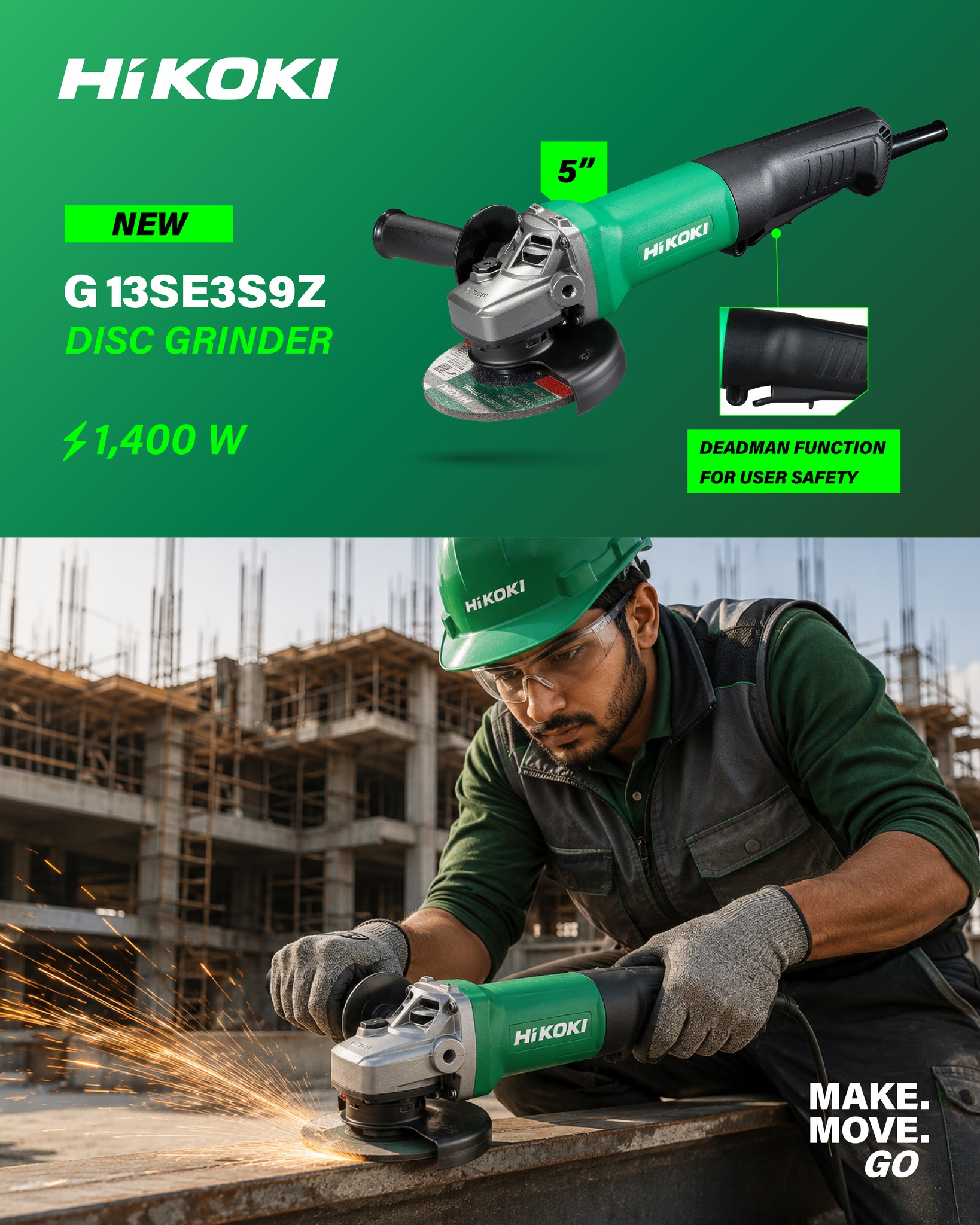 Introducing the NEW HiKOKI G13SE3S9Z Disc Grinder – Built for