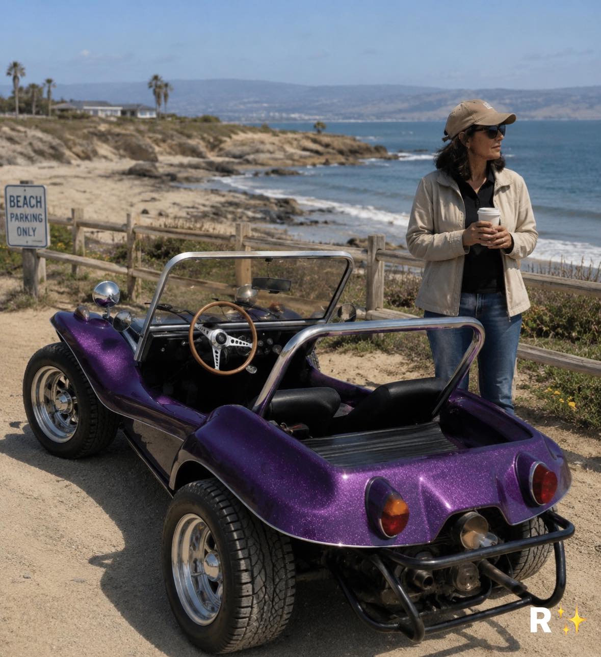 Now cruising the coast with this dune buggy. Looking good in