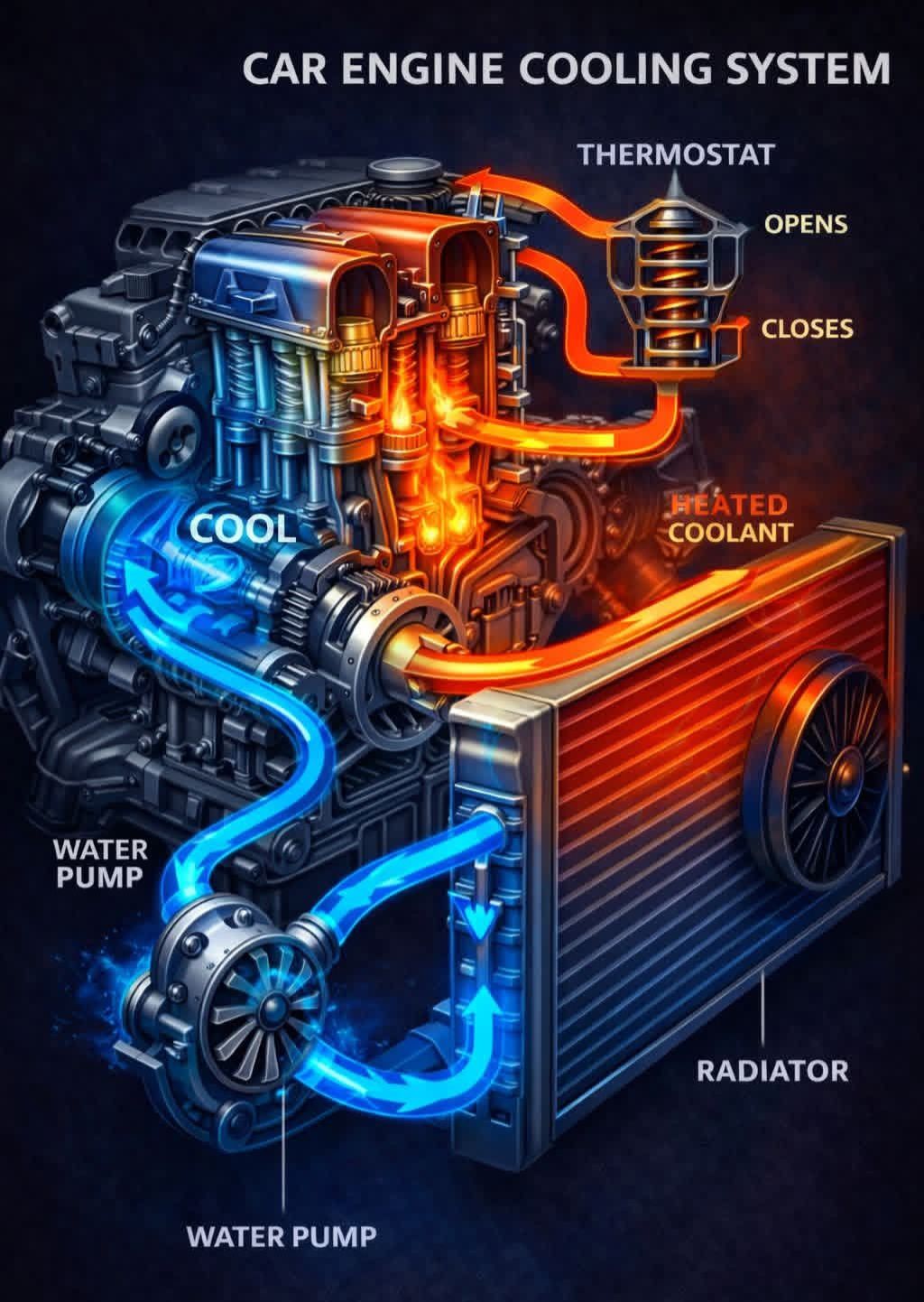 🚘The image displays a diagram of a car engine cooling system ...