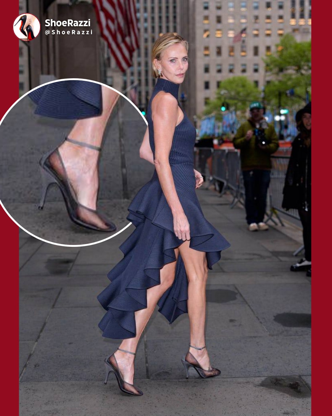 charlize theron blue dress is looking absolutely stunning in this navy ruffled dress, paired with these sleek transparent heels! ✨ The minimalist design of these heels beautifully complements her bold and elegant look. Who Silk Satin Colors:Blue 785 zhang-aibridesmaid-5-us Executive Ponte Dress -
