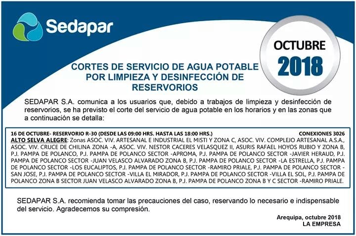 Aqp Informa Arequipa Corte Del Servicio De Agua En Facebook