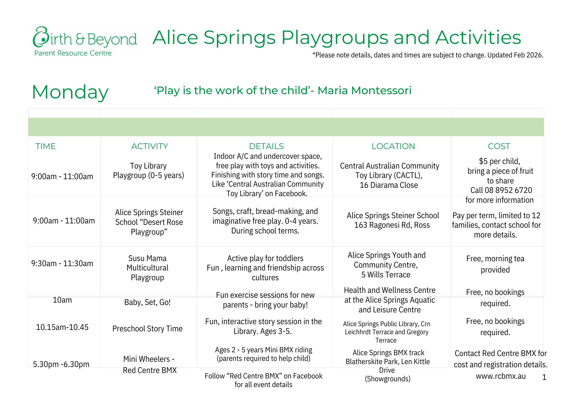 ⭐️Updated Playgroups and Activities calendar for terms one & two