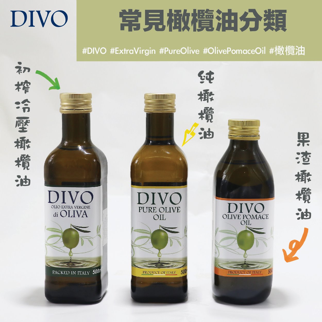 DIVO OLIVE OIL - 【常見 #橄欖油 分類 】 今日為大家解說橄欖油的種類，了解DIVO橄欖油家族幾位成員，方便日後選購 ...