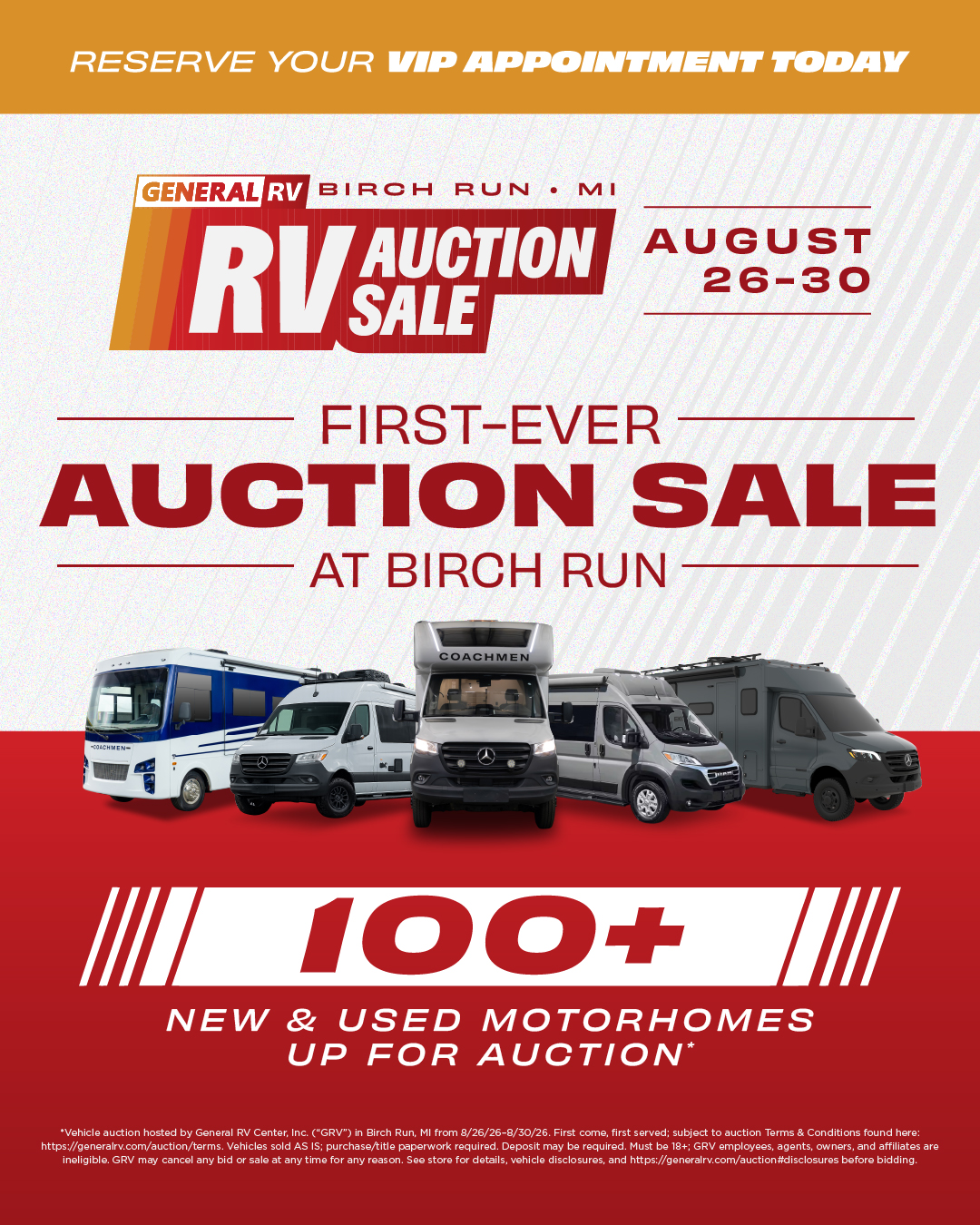 General RV Center Birch Run's first-ever auction sale (August 26-30)