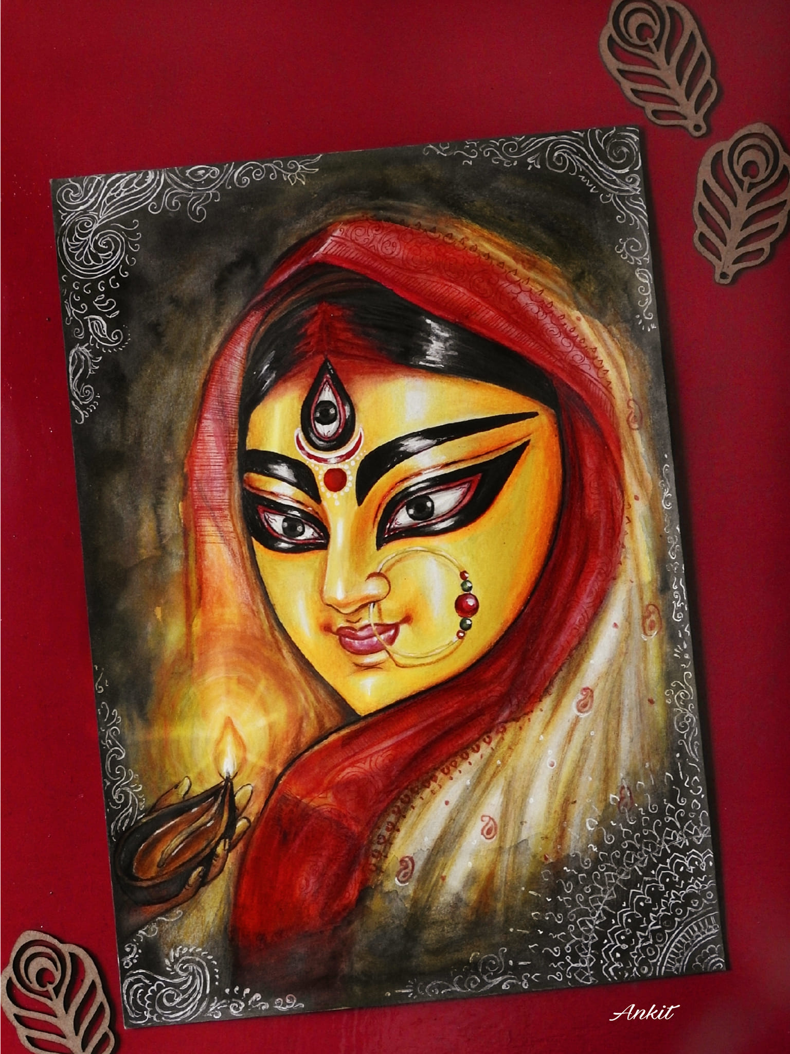 Watercolor and Pencil Color Painting of Durga Maa for Sale