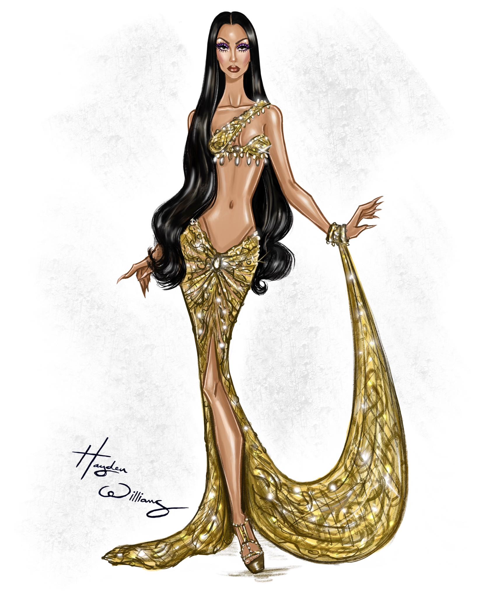 cher gold dress ✨💛 Happy 80th Birthday to a living legend #Cher. Inspired by her iconic 70s fashion era, I sketched up a glamorous look influenced by #BobMackie glitter-knit