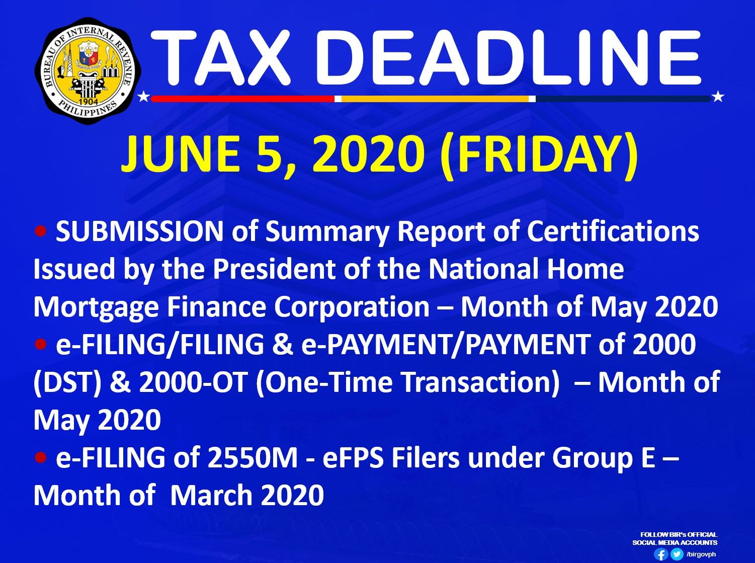 Bureau of Internal Revenue Philippines - BIR Tax Deadline 5 - Friday ...