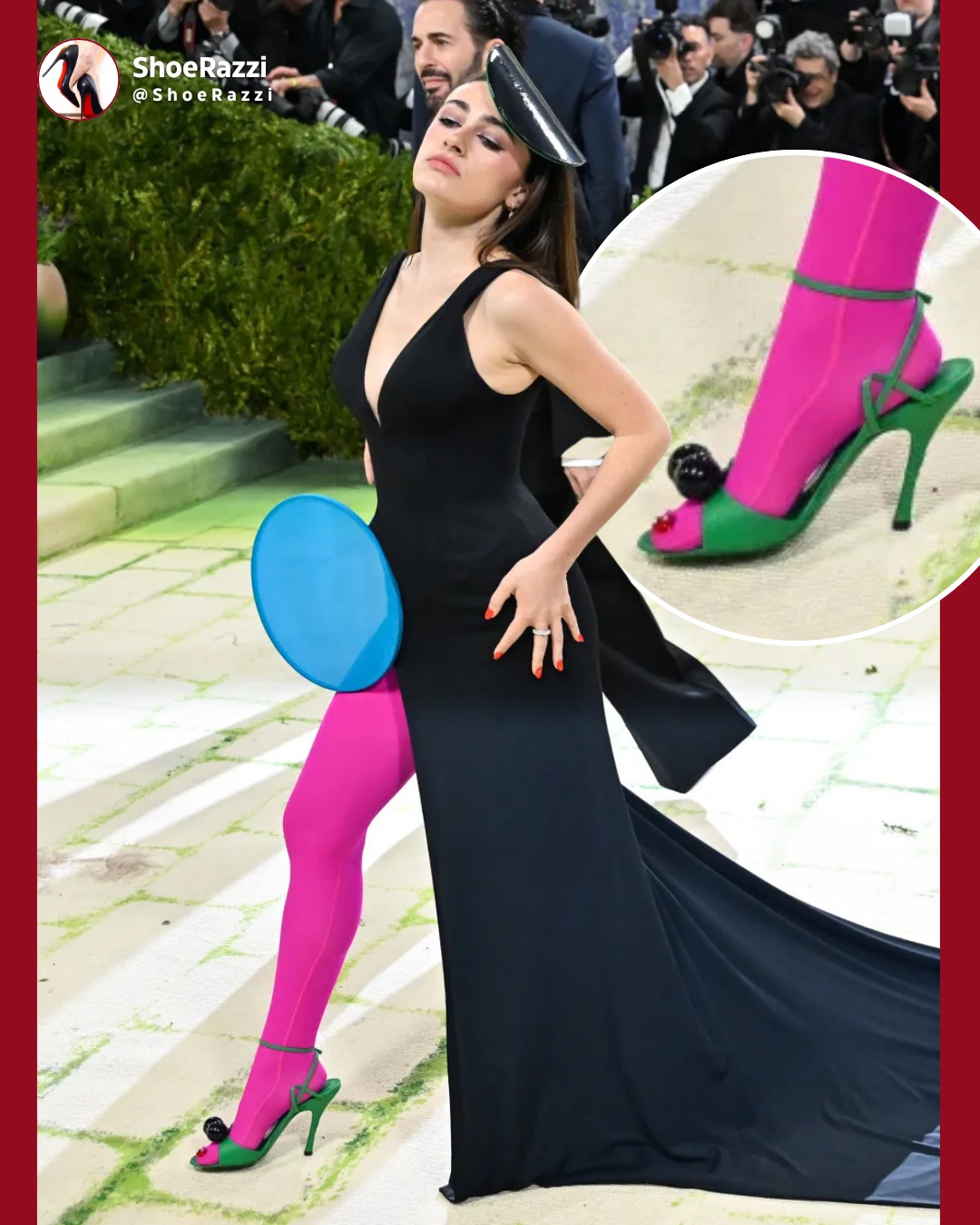 Rachel Sennott is giving us bold, fearless fashion at the 2026 Met Gala with this show-stopping black gown and quirky accessories. The vibrant green and pink heels with fun embellishments steal the