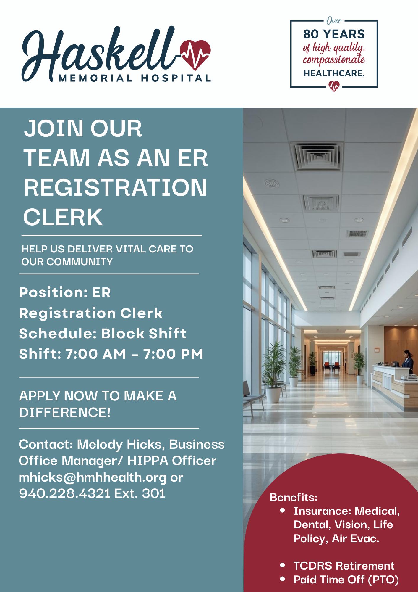 We’re Hiring! ER Registration... - Haskell Memorial Hospital | Facebook