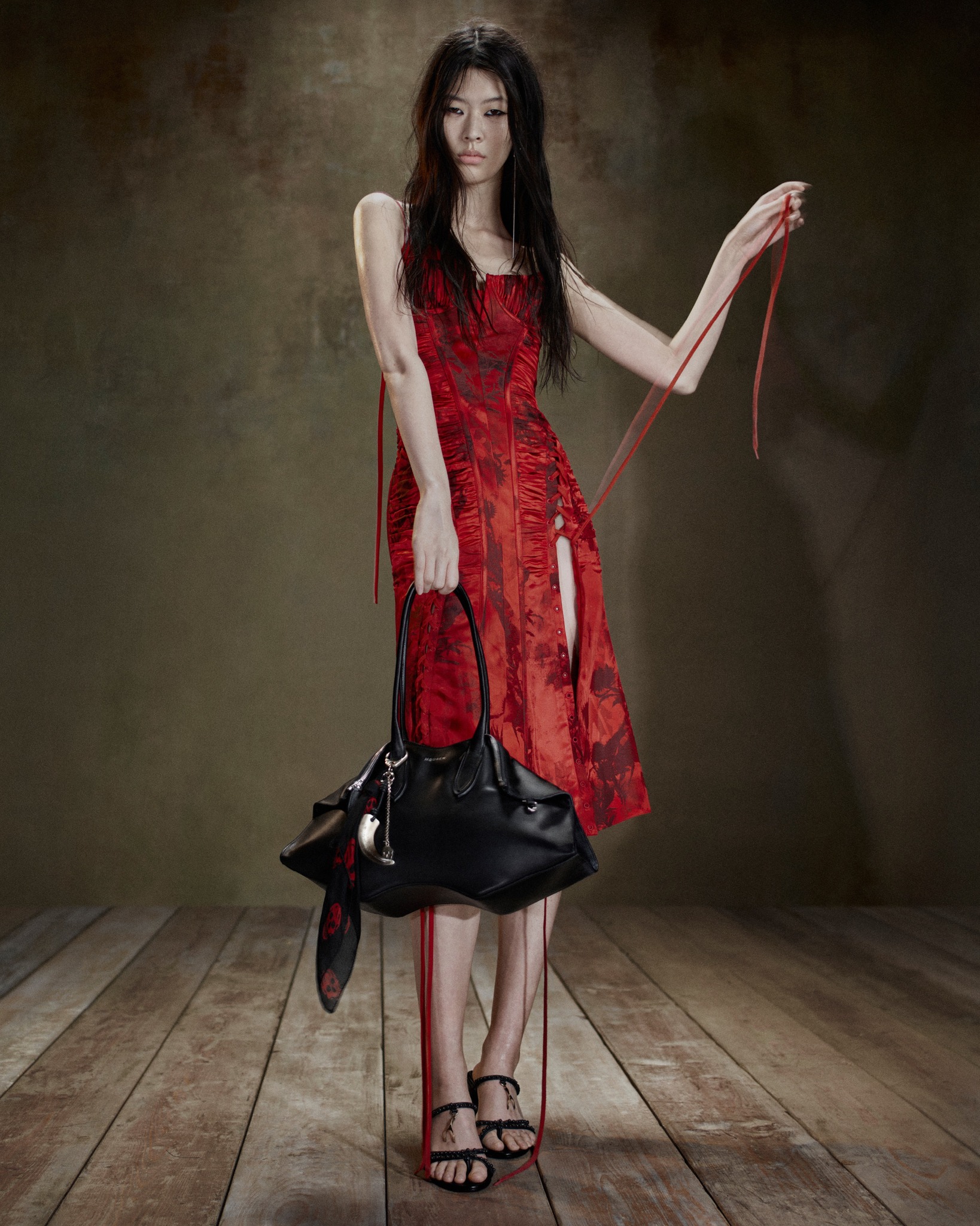 McQueen Spring Summer 2026​ ​ Flame red satin floral jacquards and