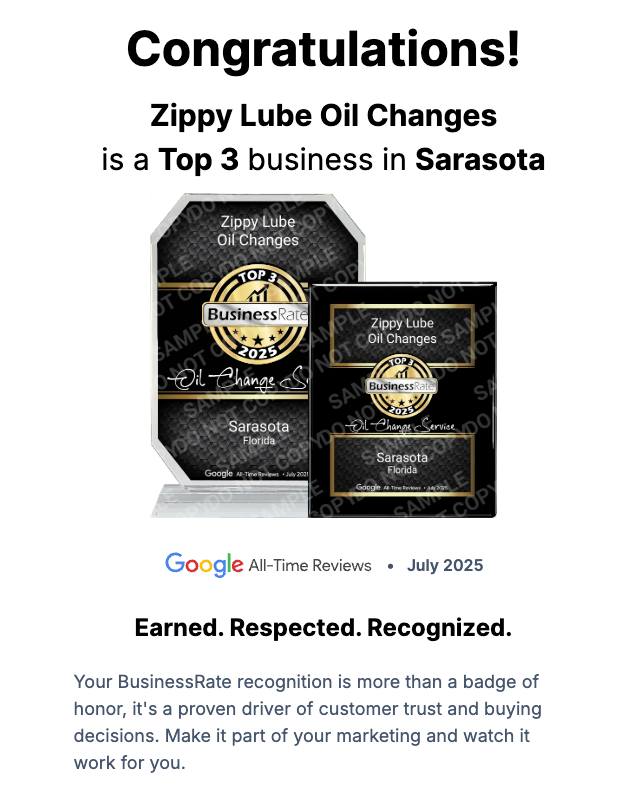 Zippy Lube named top 3 business in Sarasota for 2025